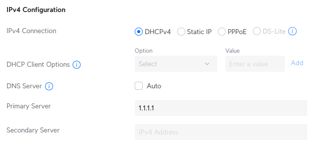 A screenshot showing Cloudflare DNS set as the WAN1 DNS server